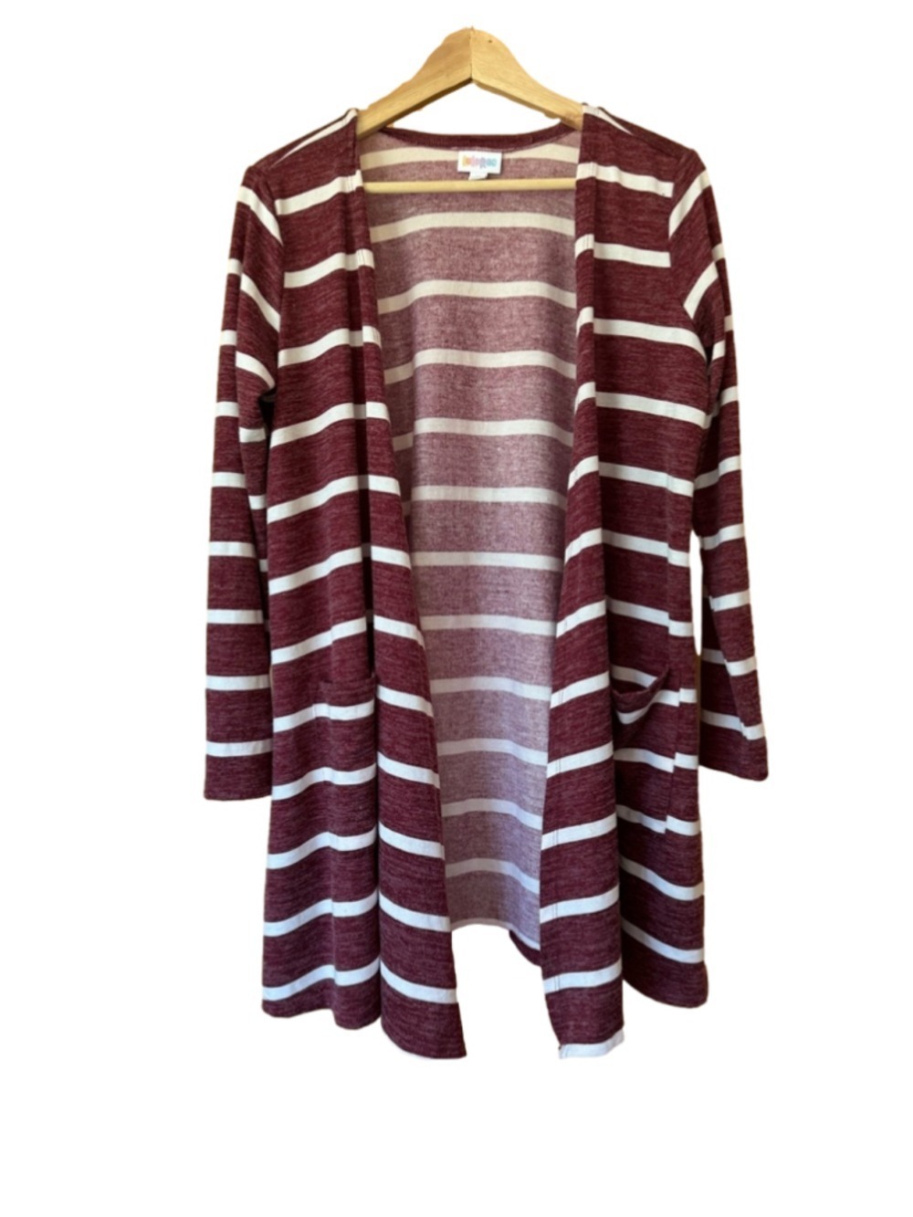 LuLaRoe Open-Front Cardigan Sweater in Burgundy/White Stripes size medium